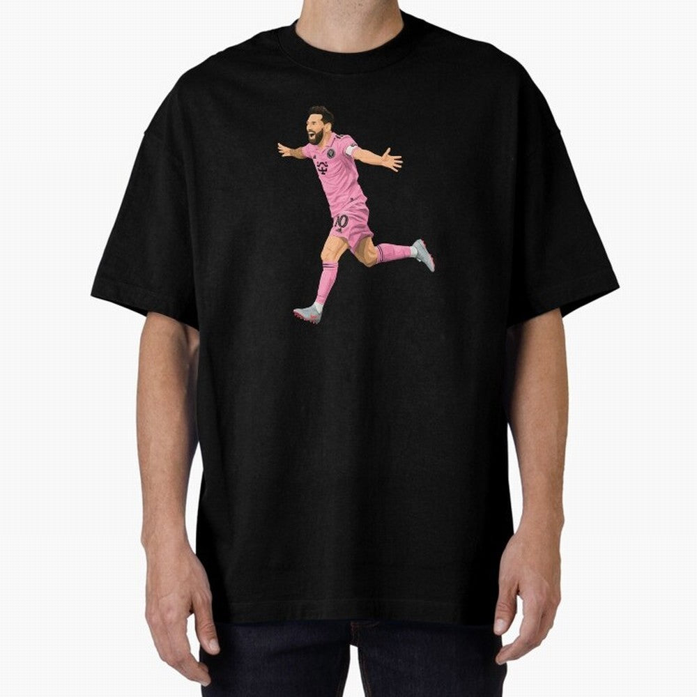Lionel Messi celebration Oversized T-Shirt Follow Global Football Passion for FIFA World Cup 2026, Celebrating Haaland and Mbappe, Netherlands, Retro Football Energy, Iconic Rivalries, Trophy Chase Drama and Stadium Atmosphere; Great for Watch