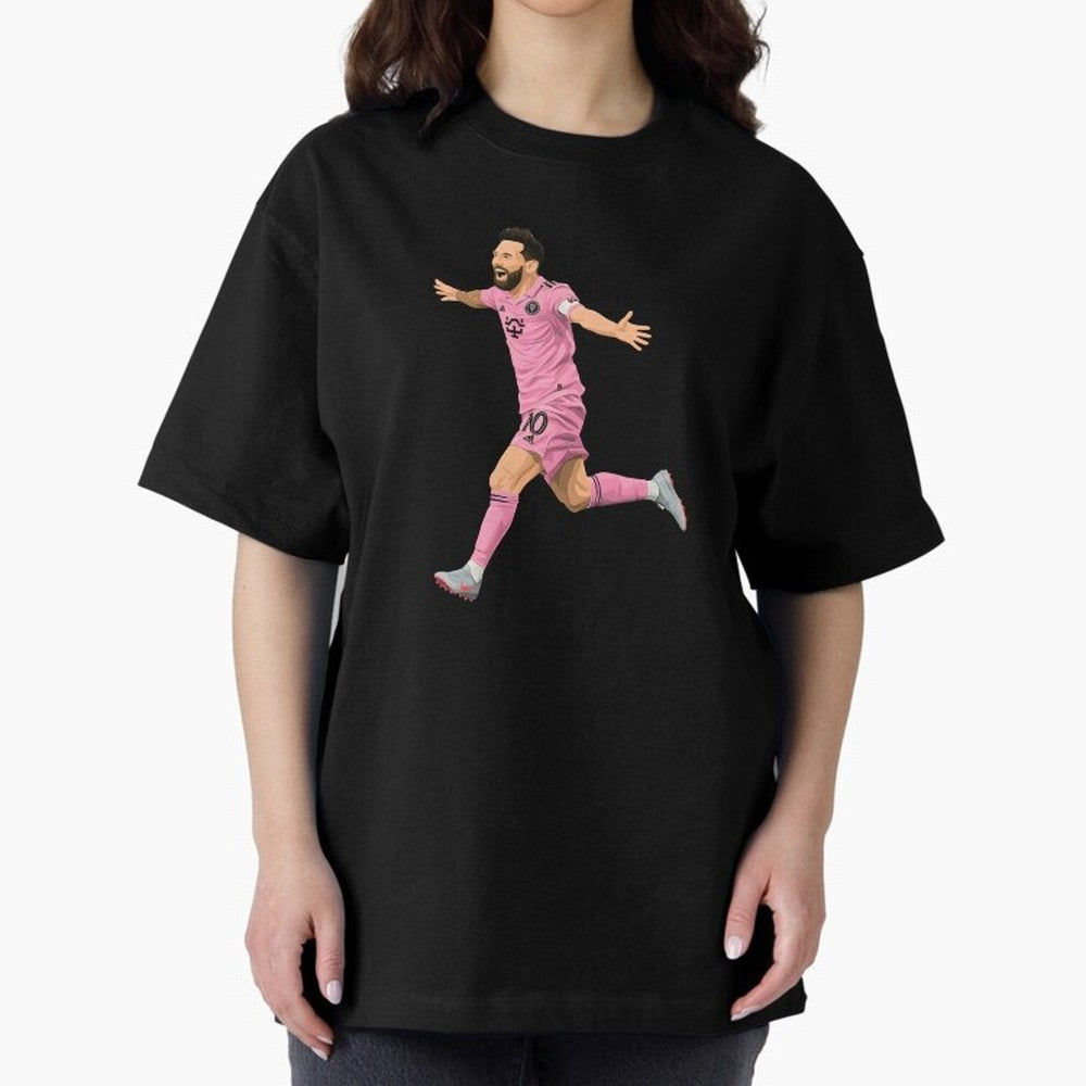 Lionel Messi celebration Oversized T-Shirt Follow Global Football Passion for FIFA World Cup 2026, Celebrating Haaland and Mbappe, Netherlands, Retro Football Energy, Iconic Rivalries, Trophy Chase Drama and Stadium Atmosphere; Great for Watch