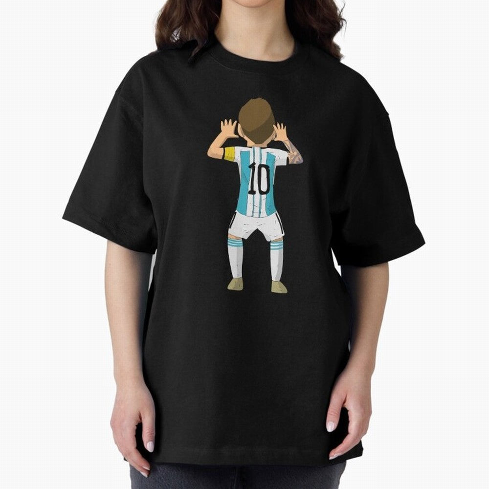 Cartoon Illustration Messi vs Netherlands World Cup Qatar 2022 Oversized T-Shirt Showcase FIFA World Cup 2026 USA Canada Mexico for Fans of Neymar, Haaland and Cristiano Ronaldo and Brazil, Bringing Fan Favorite Moments, National Team Passion, Big