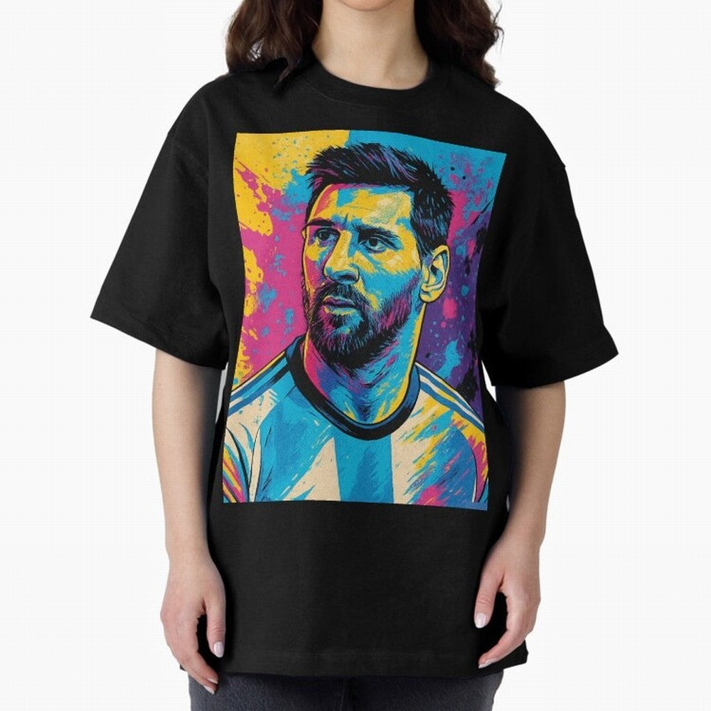 Messi Pop Art Portrait Oversized T-Shirt Carry Match Day Hype around FIFA World Cup 2026 Group Stage, Mbappe and Neymar, Brazil, Portugal and Argentina, Tournament Hype, Historic Matchups, Family Viewing Parties and Global Sports Pride; Perfect for