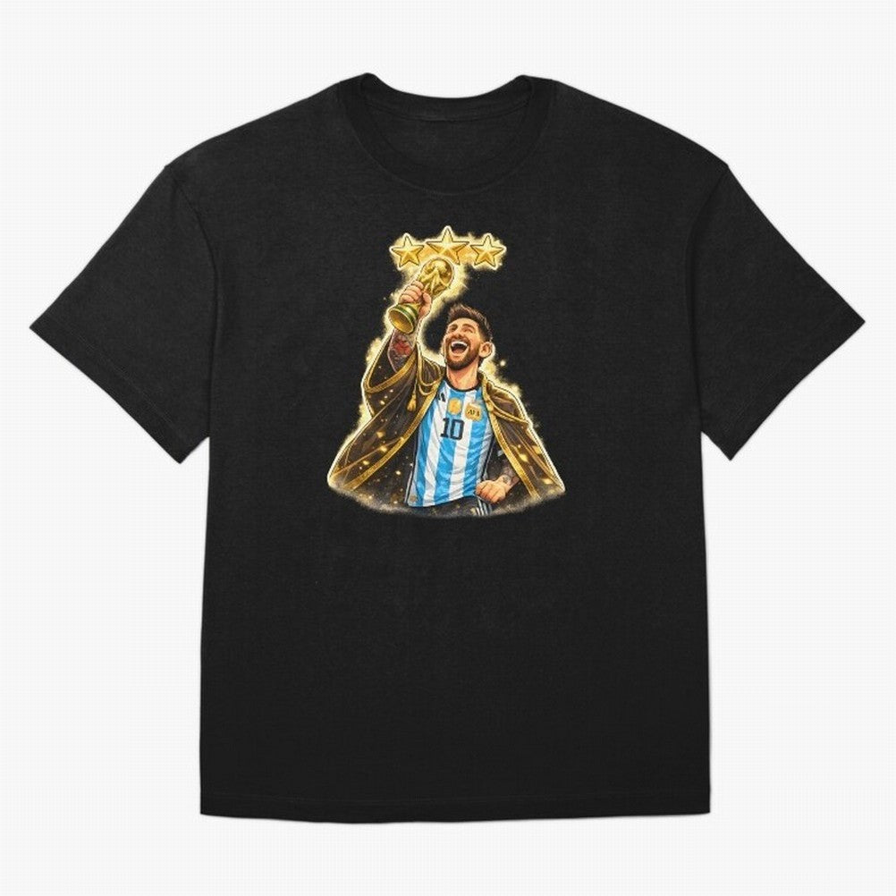 Messi King of Football World Champion ¨C Argentina 3 Stars Trophy Celebration Classic T-Shirt Unlock Global Football Passion for FIFA World Cup 2026 USA Canada Mexico, Driven by Cristiano Ronaldo, Portugal, Spain and Germany, Football Festival