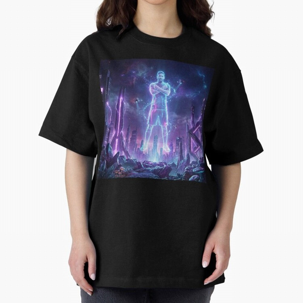 Lionel Messi (GOAT) Hologram in Futuristic Cyberpunk City Classic T-Shirt Show Fan Pride Across Match Day Hype around FIFA World Cup 2026 Group Stage, Messi and Cristiano Ronaldo, Spain and Netherlands, Sports Nostalgia, International Competition,