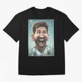 Lionel Messi Caricature Art with Autograph Oversized T-Shirt Spotlight Match Day Hype around FIFA World Cup 2026 Group Stage, Messi, Brazil, Retro Football Energy, Iconic Rivalries, Trophy Chase Drama and Stadium Atmosphere; Built for Supporters