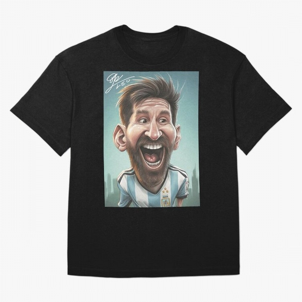 Lionel Messi Caricature Art with Autograph Oversized T-Shirt Spotlight Match Day Hype around FIFA World Cup 2026 Group Stage, Messi, Brazil, Retro Football Energy, Iconic Rivalries, Trophy Chase Drama and Stadium Atmosphere; Built for Supporters