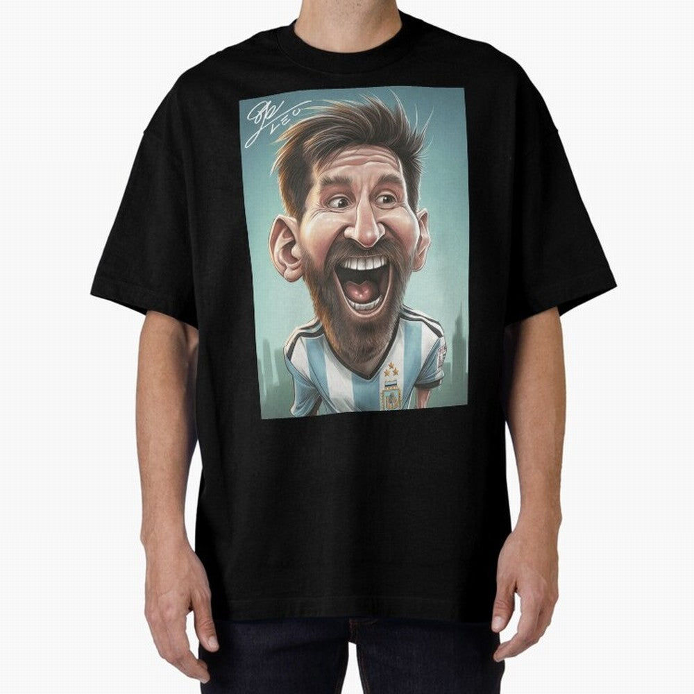 Lionel Messi Caricature Art with Autograph Oversized T-Shirt Spotlight Match Day Hype around FIFA World Cup 2026 Group Stage, Messi, Brazil, Retro Football Energy, Iconic Rivalries, Trophy Chase Drama and Stadium Atmosphere; Built for Supporters