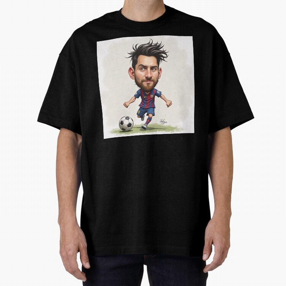 The Little Magician ¨C Caricature of Lionel Messi Oversized T-Shirt Celebrate the Magic of the FIFA World Cup 2026 Group Stage Journey through Messi, CR7 and Mbappe Highlights, Brazil, Portugal and Argentina Pride, Football History, Final Match