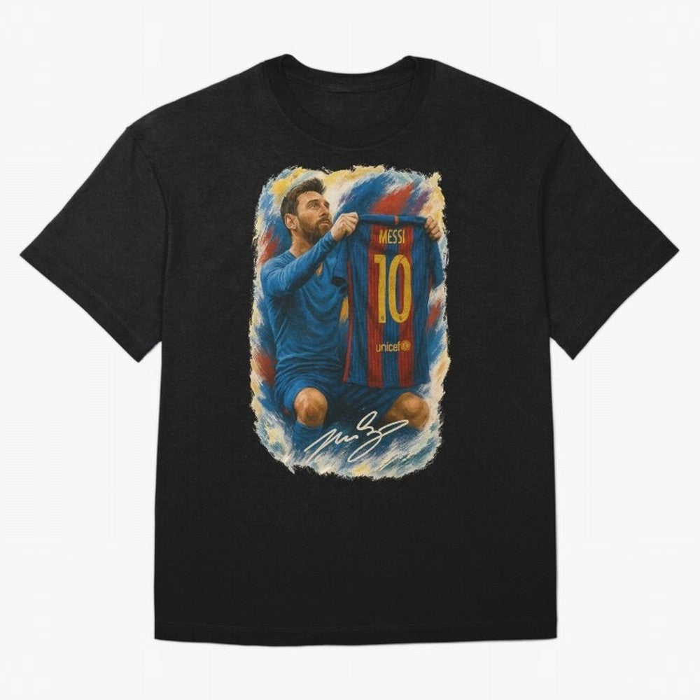 Messi Shirt Celebration Poster ¨C Iconic FC Barcelona Number 10 Artwork Oversized T-Shirt Back the Journey through FIFA World Cup 2026 USA Canada Mexico Made for Cristiano Ronaldo, Haaland and CR7, France Energy, Classic Soccer Heritage,