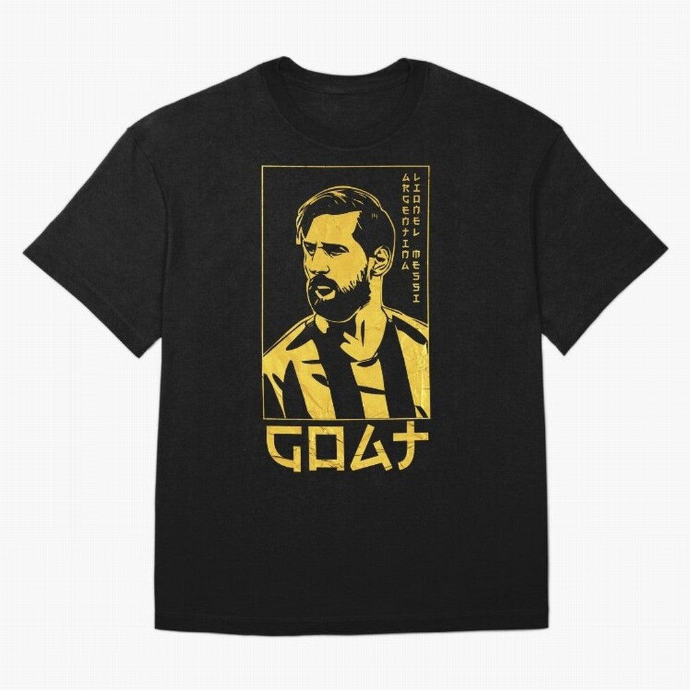 Lionel Messi Golden Style Portrait art illustration Premium T-Shirt Relive Global Football Passion for FIFA World Cup 2026, Capturing Cristiano Ronaldo, Spain and Netherlands, Retro Football Energy, Iconic Rivalries, Trophy Chase Drama and Stadium