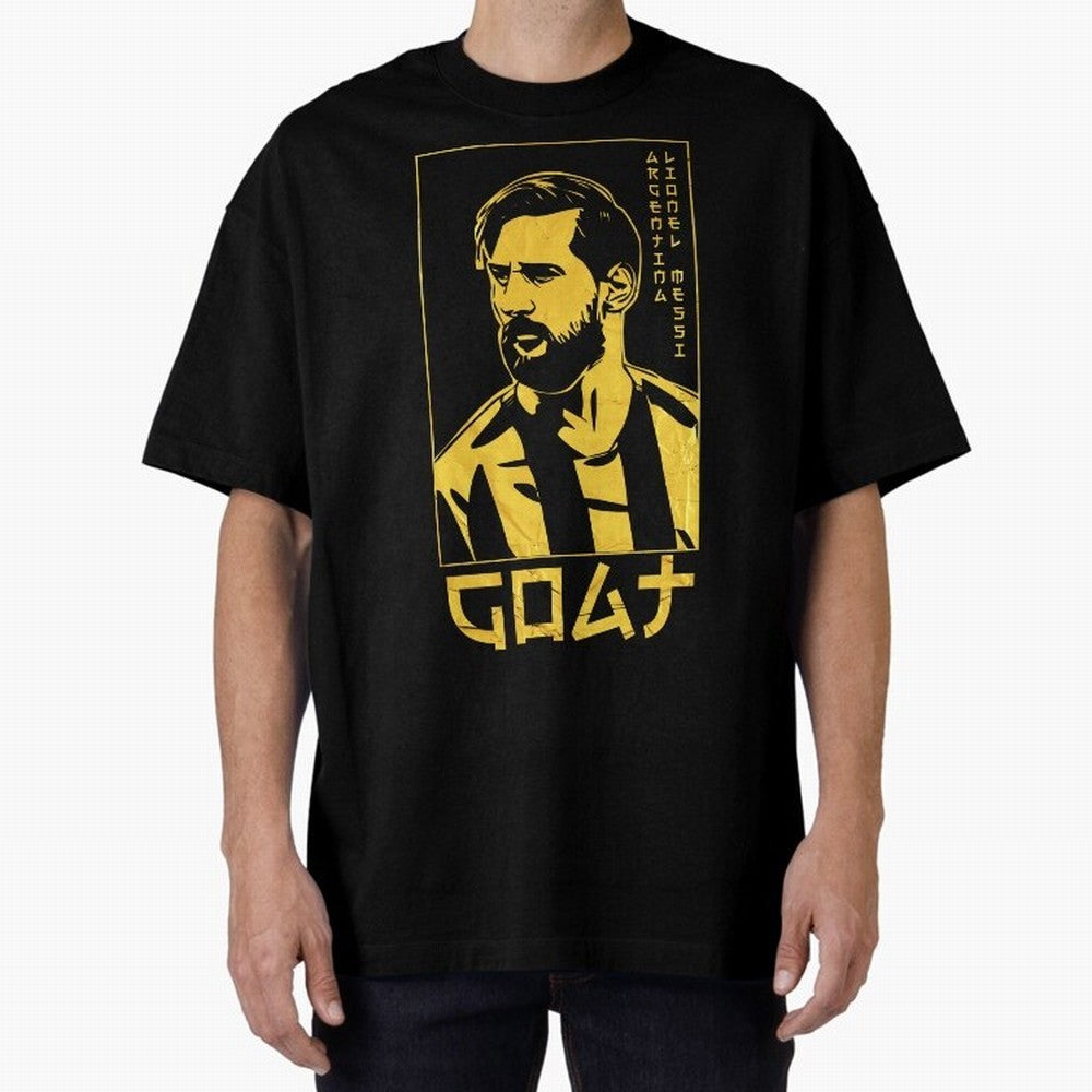 Lionel Messi Golden Style Portrait art illustration Premium T-Shirt Relive Global Football Passion for FIFA World Cup 2026, Capturing Cristiano Ronaldo, Spain and Netherlands, Retro Football Energy, Iconic Rivalries, Trophy Chase Drama and Stadium