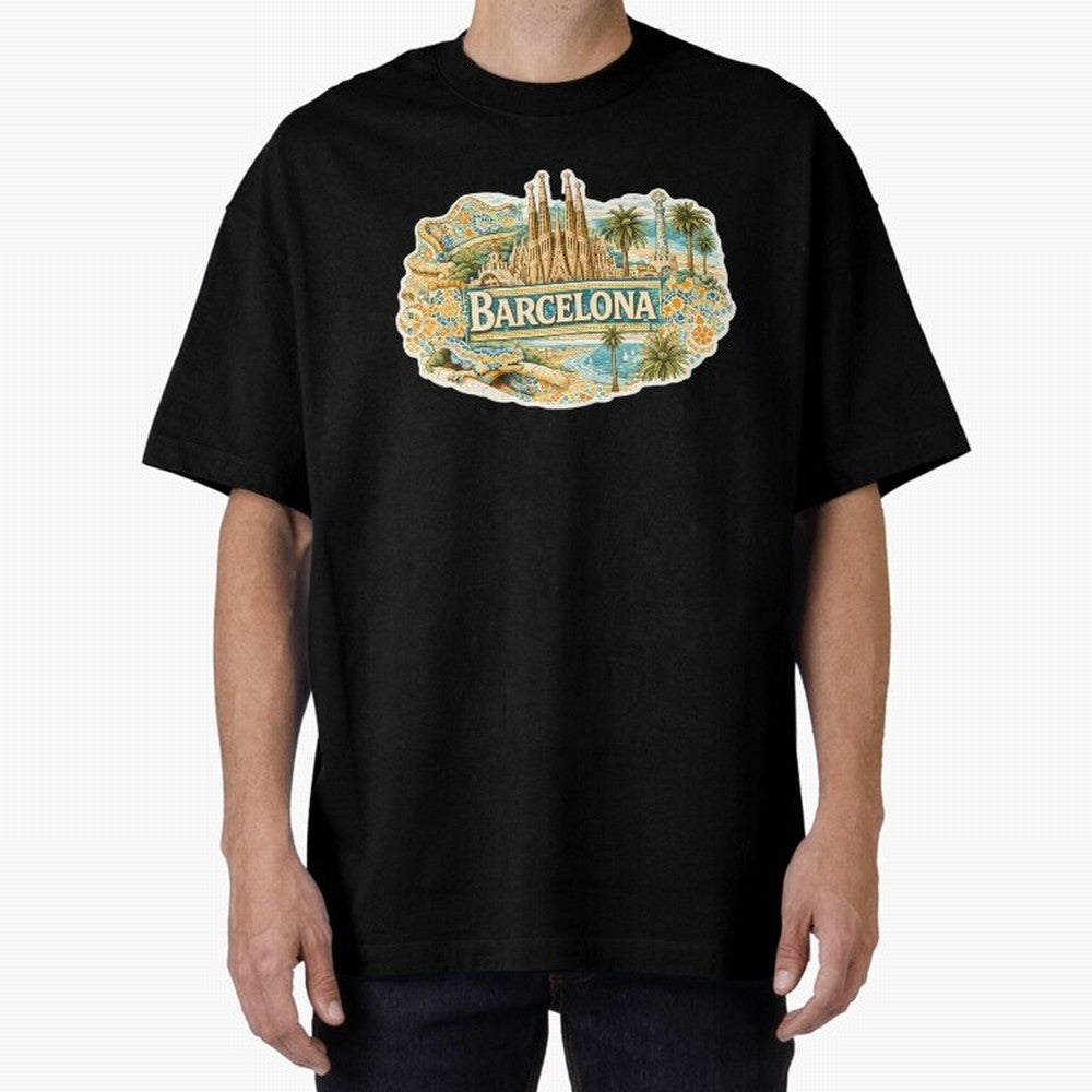 Barcelona Souvenir Sagrada Familia and Mosaic Design Oversized T-Shirt Bring Bold Fan Energy to Match Day Hype around FIFA World Cup 2026, Messi, Netherlands, Football Festival Excitement, Trophy Ambitions, Country Rivalries and Star Player Buzz;