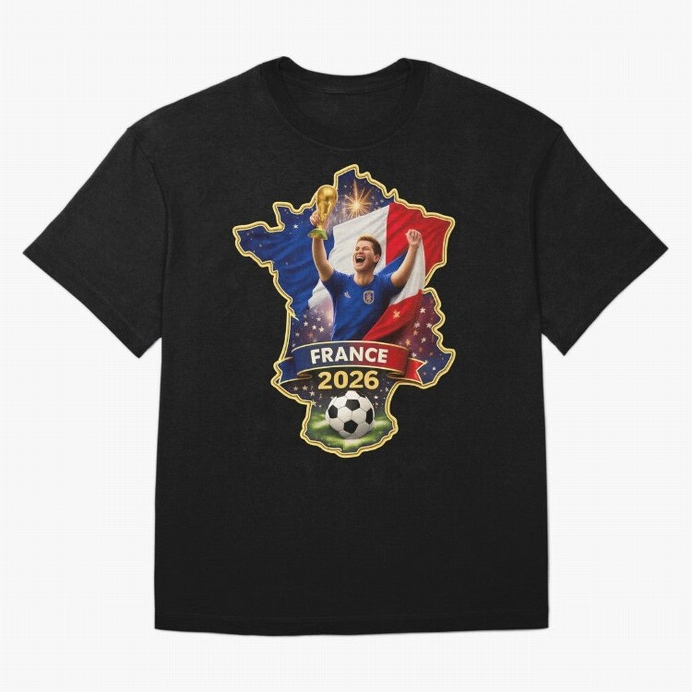 France Map Silhouette 2026 Football Victory Graphic Classic T-Shirt Represent the Passion of Global Football Passion for FIFA World Cup 2026, with Messi, CR7 and Mbappe, Brazil, Vintage Soccer Flavor, Modern Football Stars, National Flags and Final