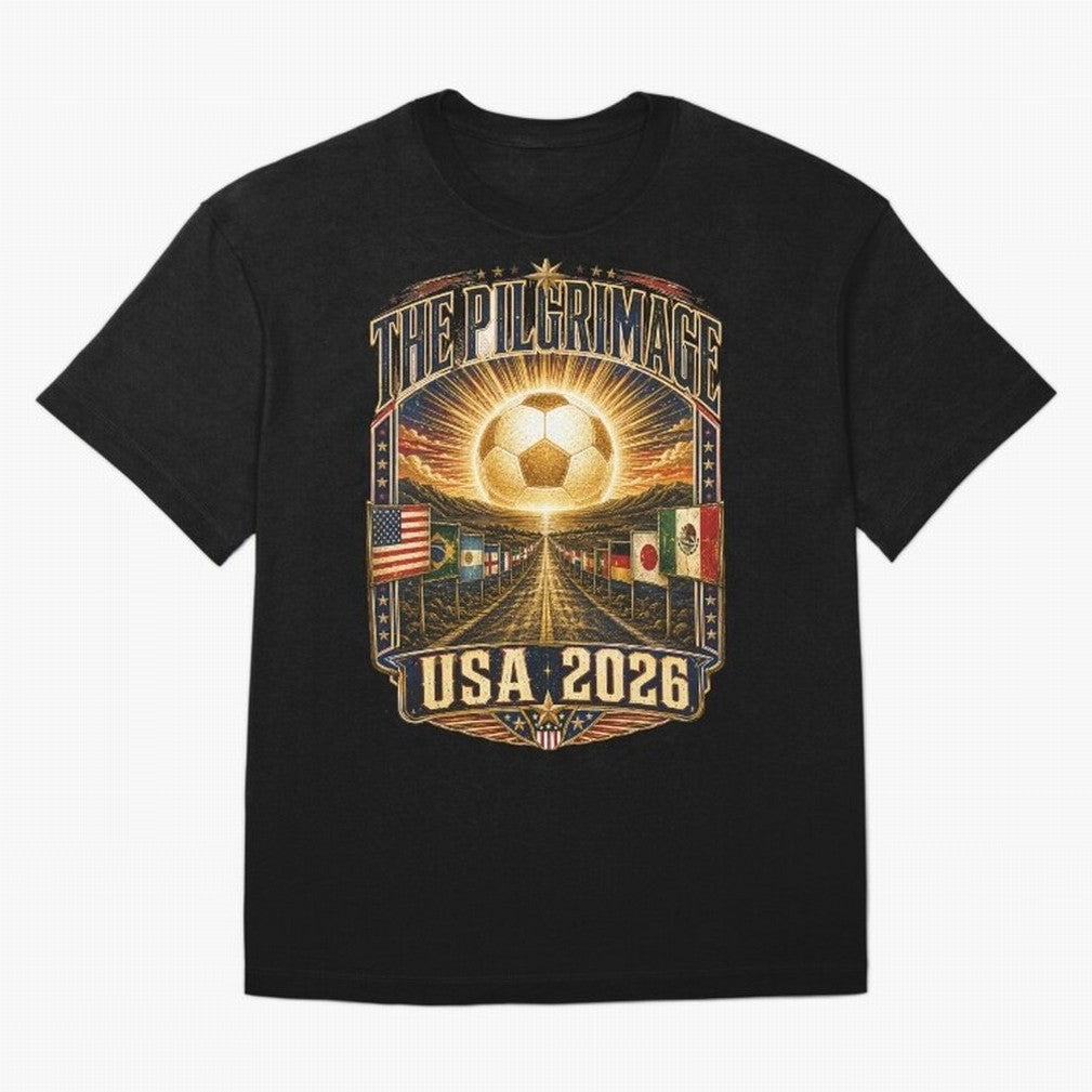 The Pilgrimage World Cup 2026 Soccer T-Shirt Classic T-Shirt Showcase FIFA World Cup 2026 USA Canada Mexico Inspired by Mbappe, Portugal, Spain and Germany Energy, Retro Football Energy, Iconic Rivalries, Trophy Chase Drama and Stadium Atmosphere;