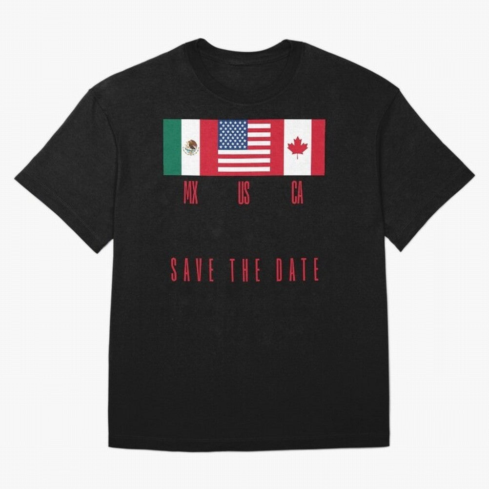 2026 World Cup Opening & Final ¨C Azteca Stadium Mexico & MetLife Stadium USA ¨C Football Design with Mexican, Canadian & US Flags Classic T-Shirt Remember FIFA World Cup 2026 USA Canada Mexico for Fans of Messi, CR7 and Mbappe and Argentina and