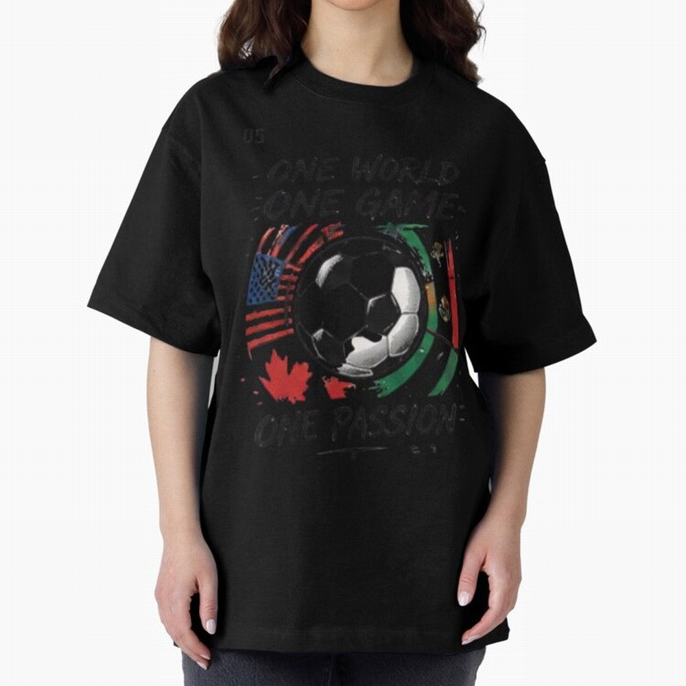 One World One Game Football Graphic Tee Classic T-Shirt Feel International Energy from Global Football Passion for FIFA World Cup 2026 USA Canada Mexico, Capturing Mbappe, Spain and Netherlands, Champion Mindset, Group Stage Buzz, Knockout Tension
