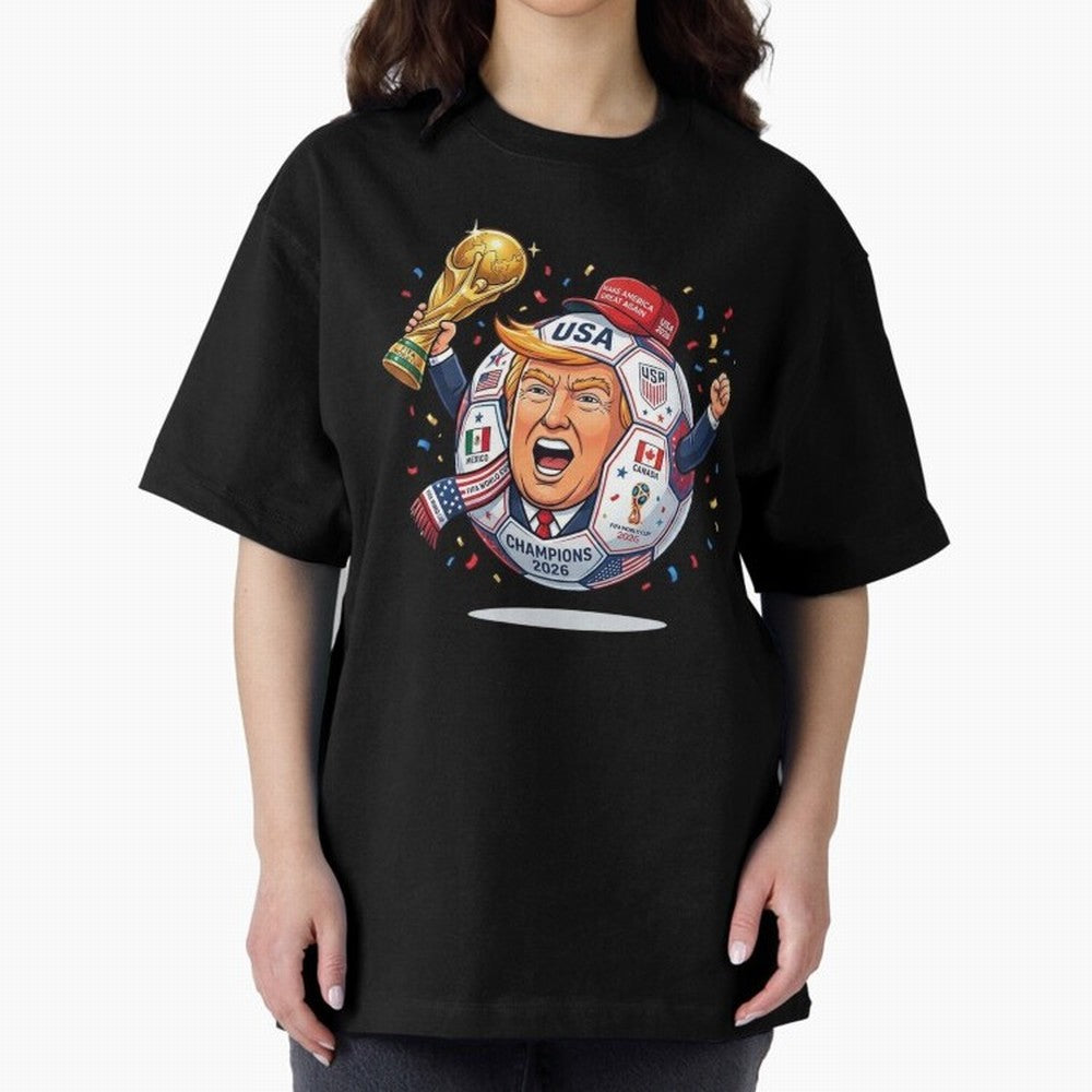 Donald Trump 2026 World Cup Soccer Champion Illustration Classic T-Shirt Unlock Global Football Passion for FIFA World Cup 2026 USA Canada Mexico, Driven by Cristiano Ronaldo, Portugal, Spain and Germany, Football Festival Excitement, Trophy