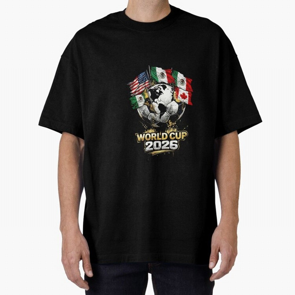 Fifa 2026 World Cup Flags Football Graphic Tee Oversized T-Shirt Upgrade Match Day Hype around FIFA World Cup 2026 Group Stage, Messi, CR7 and Mbappe, Brazil, Stadium Chants, National Pride, Trophy Dreams and Unforgettable Football Memories;