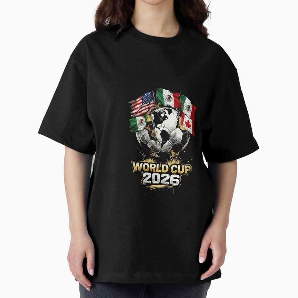 Fifa 2026 World Cup Flags Football Graphic Tee Oversized T-Shirt Upgrade Match Day Hype around FIFA World Cup 2026 Group Stage, Messi, CR7 and Mbappe, Brazil, Stadium Chants, National Pride, Trophy Dreams and Unforgettable Football Memories;
