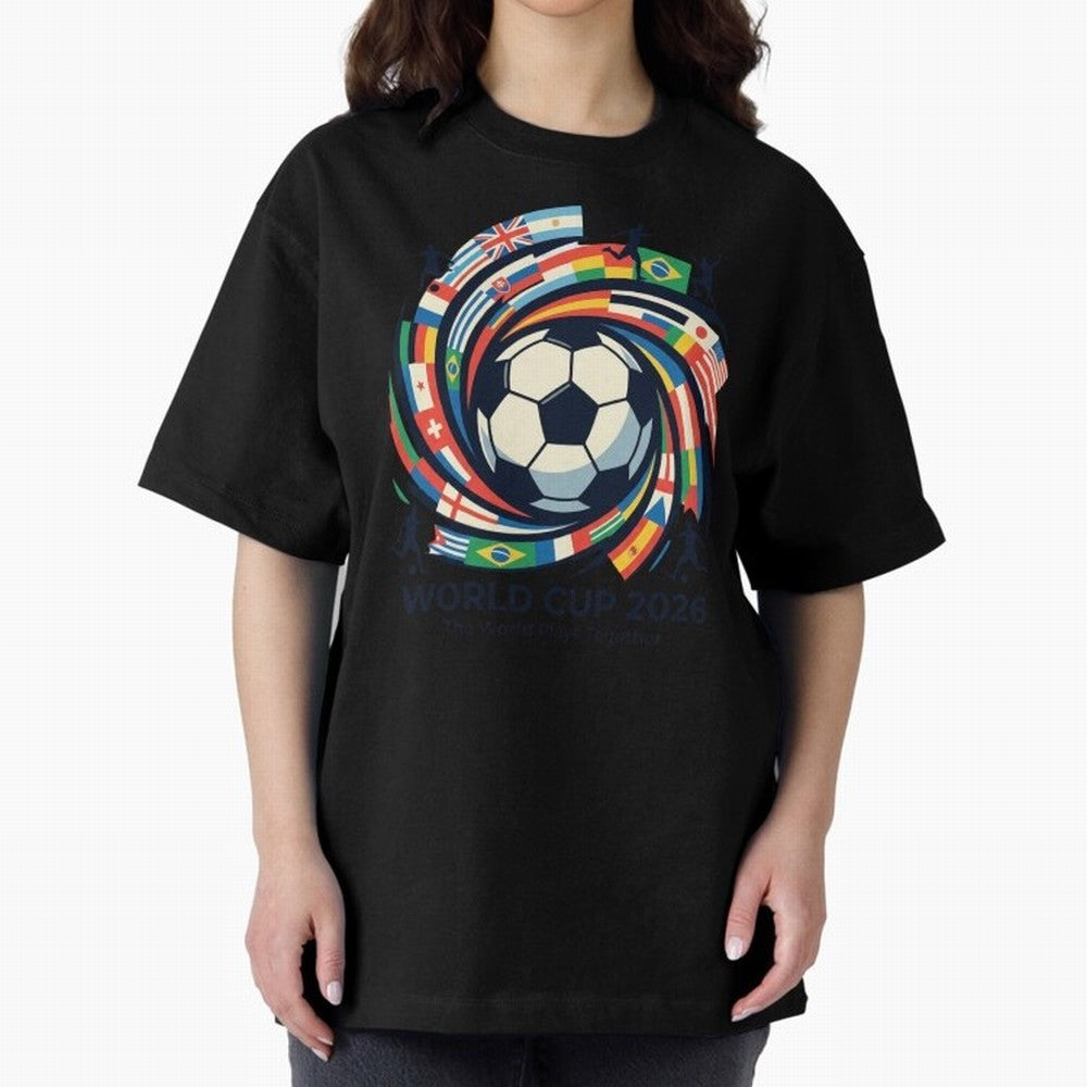 2D World Cup 2026 Football Spiral Flag Design T-Shirt Oversized T-Shirt Celebrate FIFA World Cup 2026 for Fans of Messi and England and Germany, Bringing Football Festival Excitement, Trophy Ambitions, Country Rivalries and Star Player Buzz;