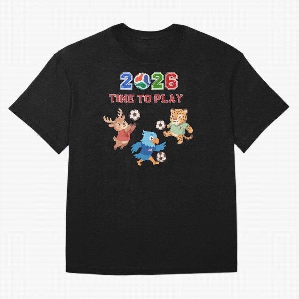 Soccer Mascots 2026 USA Mexico Canada Time To Play Oversized T-Shirt Feel FIFA World Cup 2026 Group Stage Spirit, Built around Spain, Messi, Neymar and Mbappe, Stadium Chants, National Pride, Trophy Dreams and Unforgettable Football Memories;