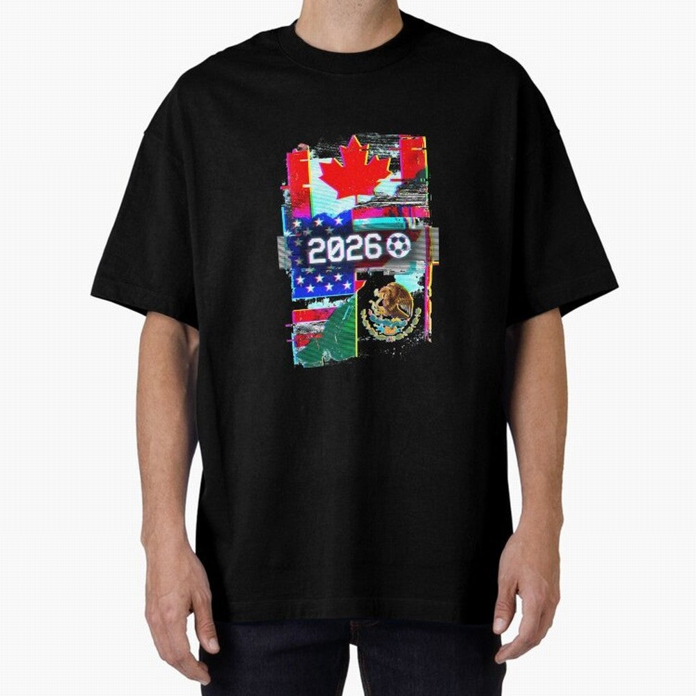 Glitched United 2026 - North America Tournament Emblem Oversized T-Shirt Celebrate the Next Chapter of Match Day Hype around FIFA World Cup 2026 Group Stage, Cristiano Ronaldo, Haaland and CR7, Argentina and Brazil, Goal Celebration Energy,