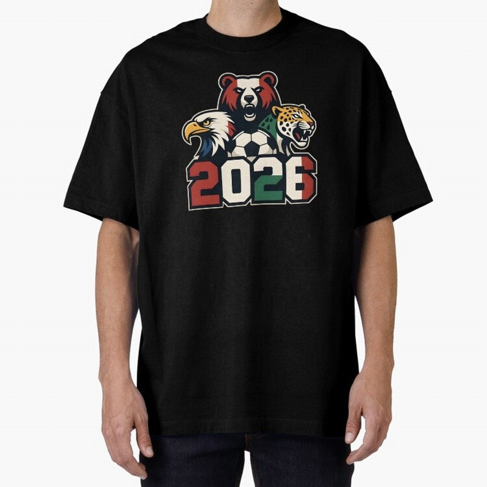 World Cup 2026 USA Canada Mexico Host Mascots Oversized T-Shirt Honor Champions and Dreams in FIFA World Cup 2026 USA Canada Mexico Capturing Cristiano Ronaldo, Brazil Energy, Classic Soccer Heritage, Championship Pressure, Fan Loyalty and
