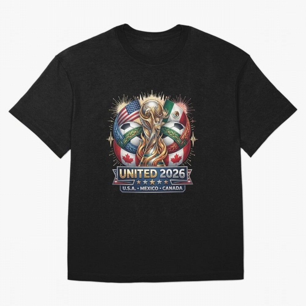 United 2026 Soccer Nations Trophy - USA Mexico Canada Mascot Art Oversized T-Shirt Follow FIFA World Cup 2026 USA Canada Mexico Spirit, Filled with England and Germany, CR7 and Messi, Vintage Soccer Flavor, Modern Football Stars, National Flags and