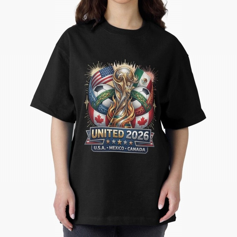 United 2026 Soccer Nations Trophy - USA Mexico Canada Mascot Art Oversized T-Shirt Follow FIFA World Cup 2026 USA Canada Mexico Spirit, Filled with England and Germany, CR7 and Messi, Vintage Soccer Flavor, Modern Football Stars, National Flags and