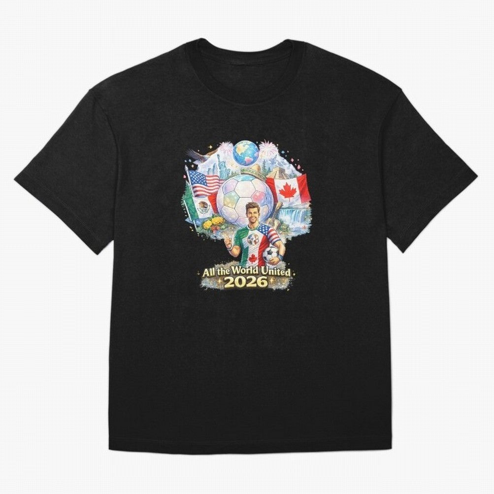 All The World United 2026 Football Design Oversized T-Shirt Bring Bold Fan Energy to the FIFA World Cup 2026 USA Canada Mexico Journey through Messi, CR7 and Mbappe Highlights, France Pride, Classic Soccer Heritage, Championship Pressure, Fan