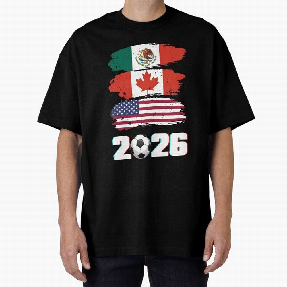 USA Canada Mexico Flag 2026 Cup Brush Art Oversized T-Shirt Celebrate Every Goal in FIFA World Cup 2026 Group Stage for Fans of CR7 and Messi and Argentina and Brazil, Bringing Goal Celebration Energy, Supporter Heritage, Football Icons and