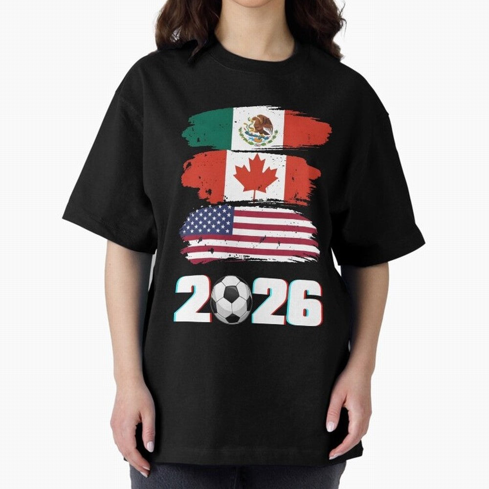 USA Canada Mexico Flag 2026 Cup Brush Art Oversized T-Shirt Celebrate Every Goal in FIFA World Cup 2026 Group Stage for Fans of CR7 and Messi and Argentina and Brazil, Bringing Goal Celebration Energy, Supporter Heritage, Football Icons and