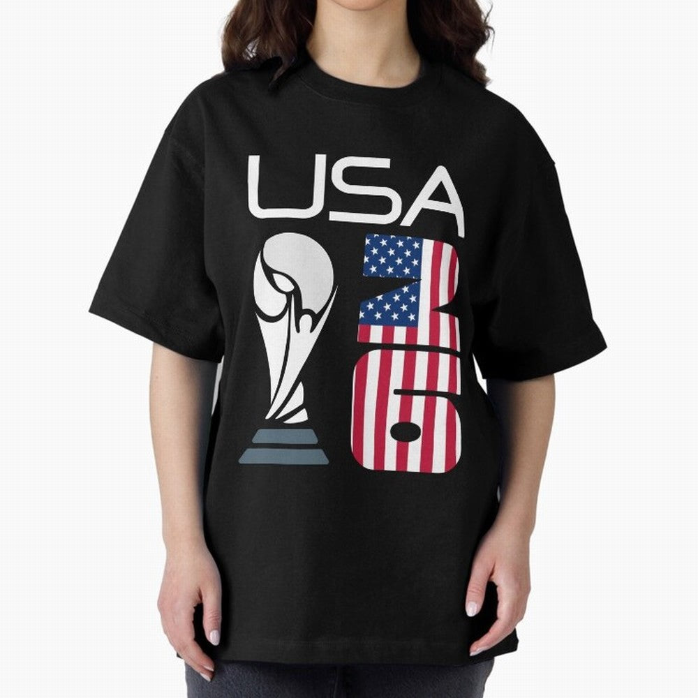 USA 2026 Soccer World Cup Trophy American Flag Design Oversized T-Shirt Show Passion for the Stars of Global Football Passion for FIFA World Cup 2026 Group Stage, Capturing CR7, Argentina and Brazil, Goal Celebration Energy, Supporter Heritage,