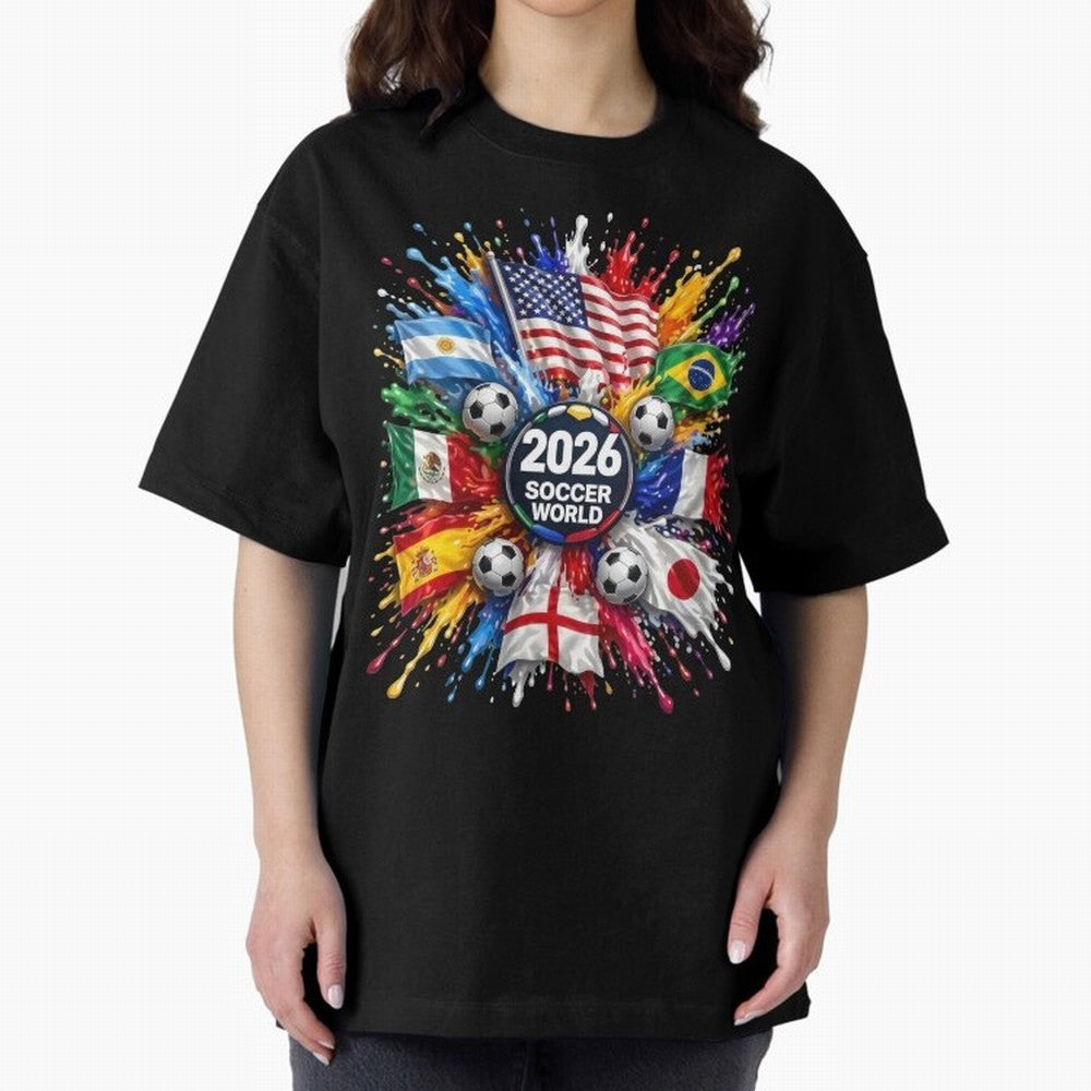 2026 Soccer World Flags USA Mexico Canada Football Paint Splash Graphic Oversized T-Shirt Create FIFA World Cup 2026 USA Canada Mexico for Fans of Cristiano Ronaldo, Haaland and CR7 and Argentina, Bringing Match Day Excitement, Supporter Culture,