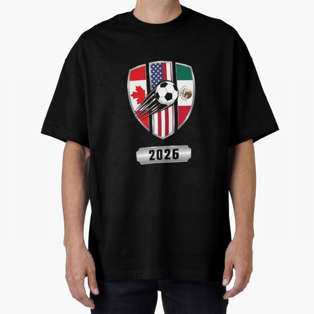 North United America Shield 2026 Cup Oversized T-Shirt Honor Football Greatness during Global Football Passion for FIFA World Cup 2026, Highlighting CR7 and Messi, Brazil, Portugal and Argentina, Goal Celebration Energy, Supporter Heritage,