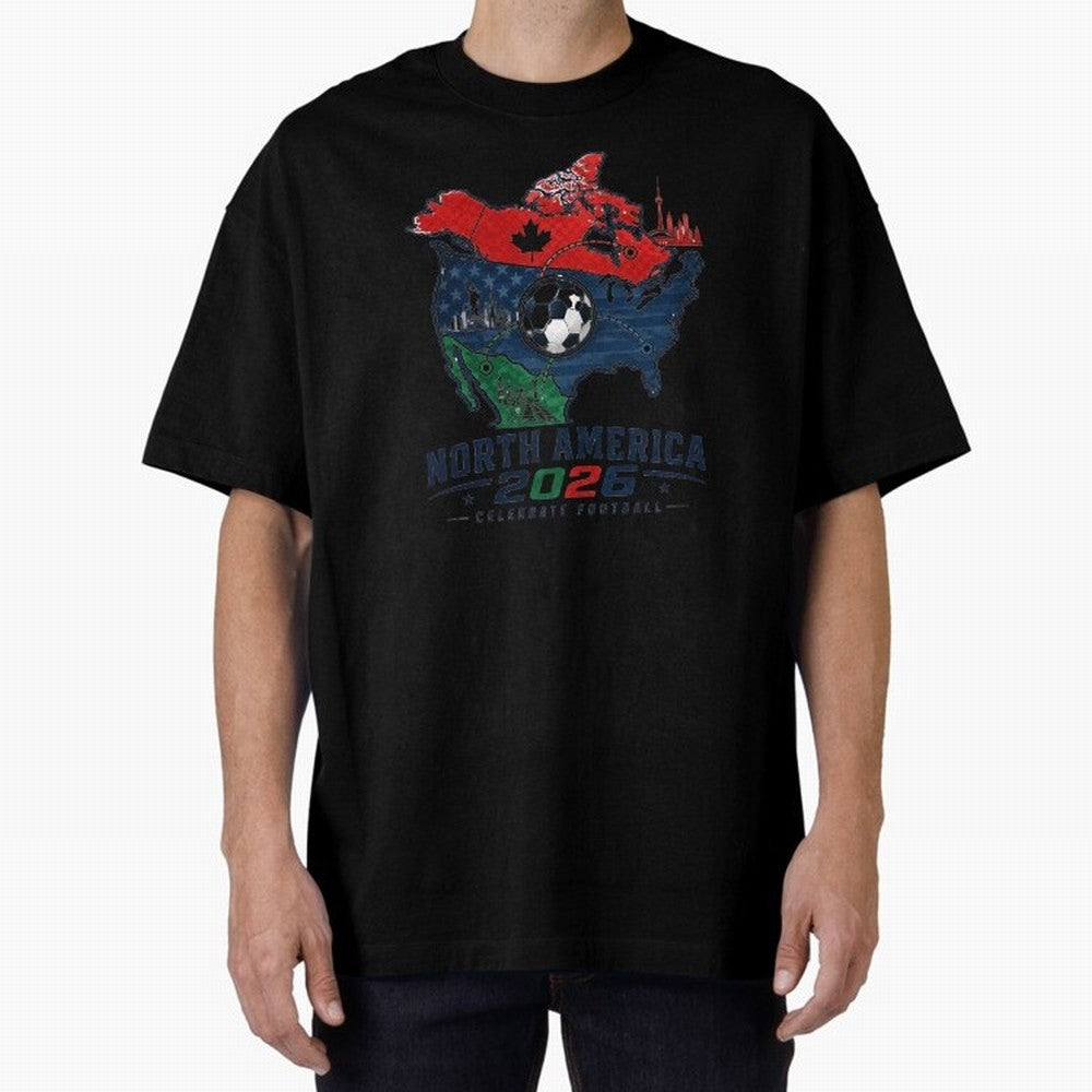 United by Football 2026 North America Soccer Design Oversized T-Shirt Represent Fans Who Live for the FIFA World Cup 2026 USA Canada Mexico Journey through Messi, CR7 and Mbappe Highlights, Portugal, Spain and Germany Pride, Retro Football Energy,