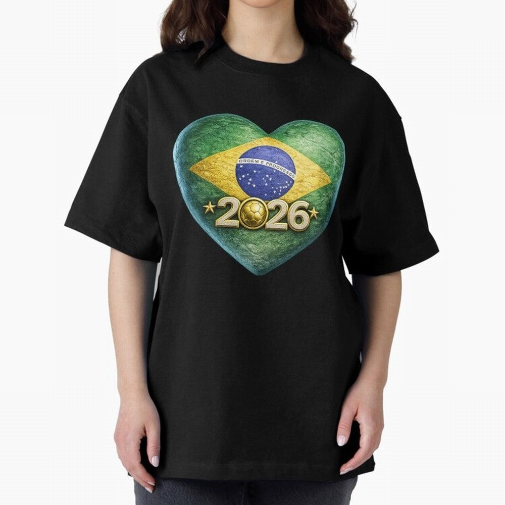 Brazil 2026 World Football Heart Flag Designs Oversized T-Shirt Show Your Stadium Side during Match Day Hype around FIFA World Cup 2026 USA Canada Mexico, Messi and Cristiano Ronaldo, Brazil, Football Festival Excitement, Trophy Ambitions, Country