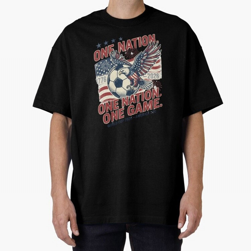 One Nation One Game World Cup 2026 Oversized T-Shirt Carry the Dream of FIFA World Cup 2026 for Fans of Messi and France and Portugal, Bringing Retro Football Energy, Iconic Rivalries, Trophy Chase Drama and Stadium Atmosphere; Great for Supporters
