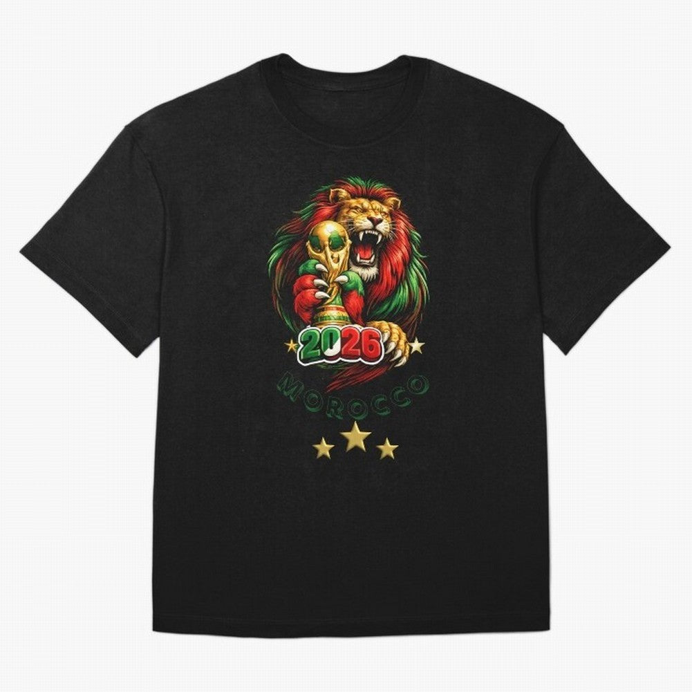 Moroccan Lion World Cup 2026 Design Oversized T-Shirt Celebrate Fan Culture around FIFA World Cup 2026 Group Stage Connected to Mbappe, France and Portugal Energy, Global Supporter Spirit, Legendary Goals, National Colors and Tournament
