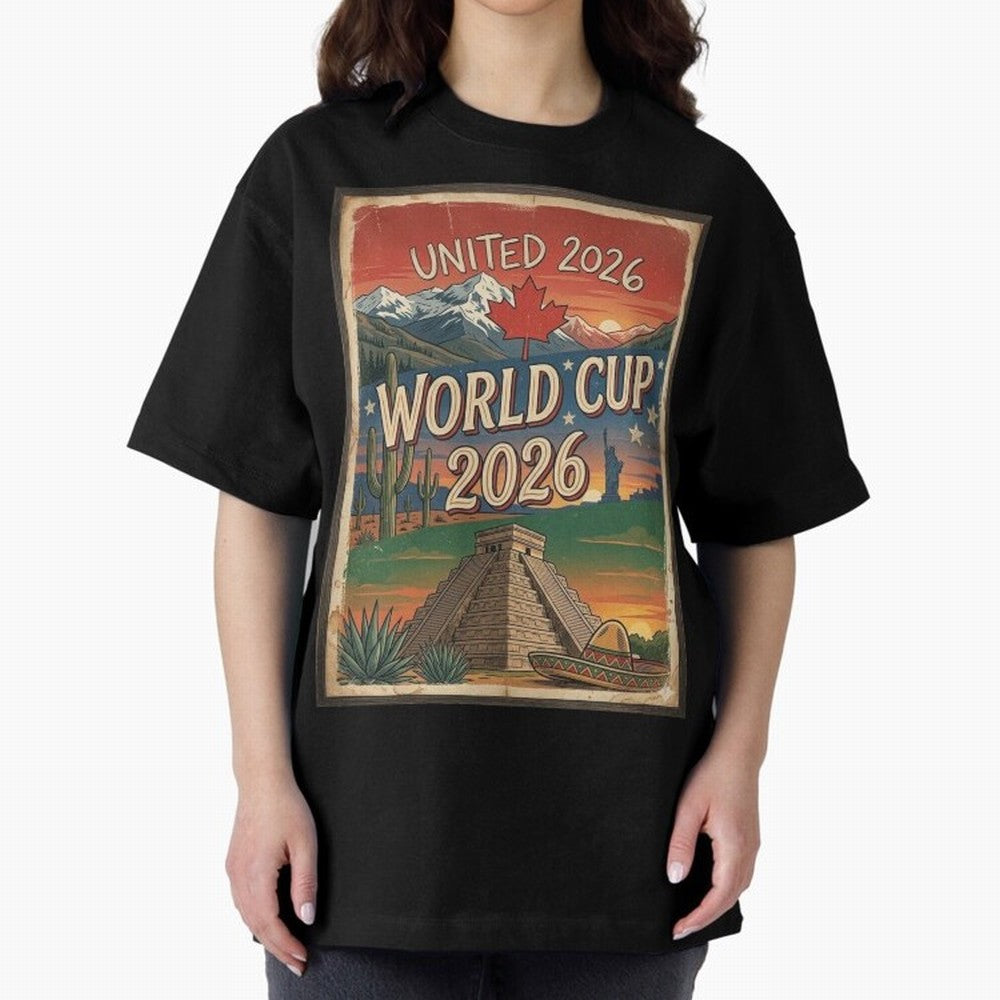 United 2026 World Cup ¨C Vintage North America Soccer Poster Oversized T-Shirt Back the Journey through the FIFA World Cup 2026 Group Stage Journey through Haaland Highlights, Argentina Pride, Tournament Hype, Historic Matchups, Family Viewing