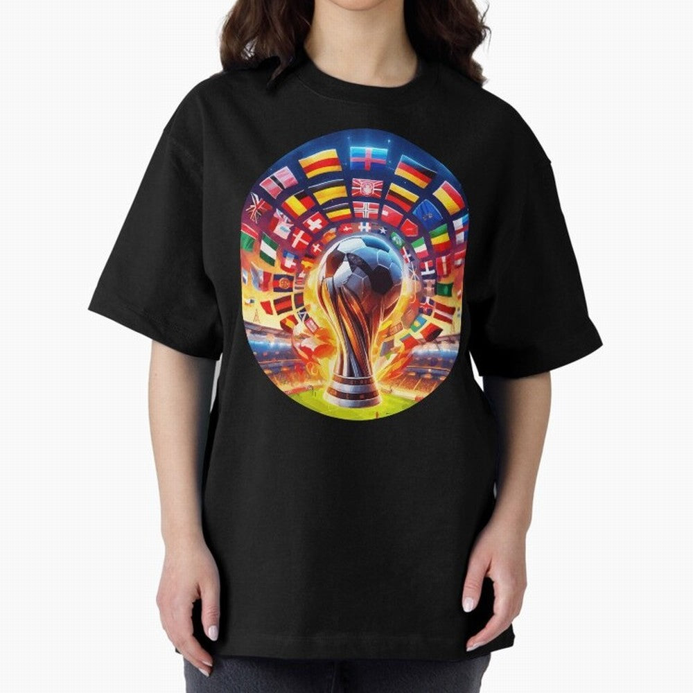 Global Football Fever (The Road to Victory) Oversized T-Shirt Remember Iconic Moments from FIFA World Cup 2026 USA Canada Mexico Spirit, Featuring France and Portugal, Messi, Retro Football Energy, Iconic Rivalries, Trophy Chase Drama and Stadium