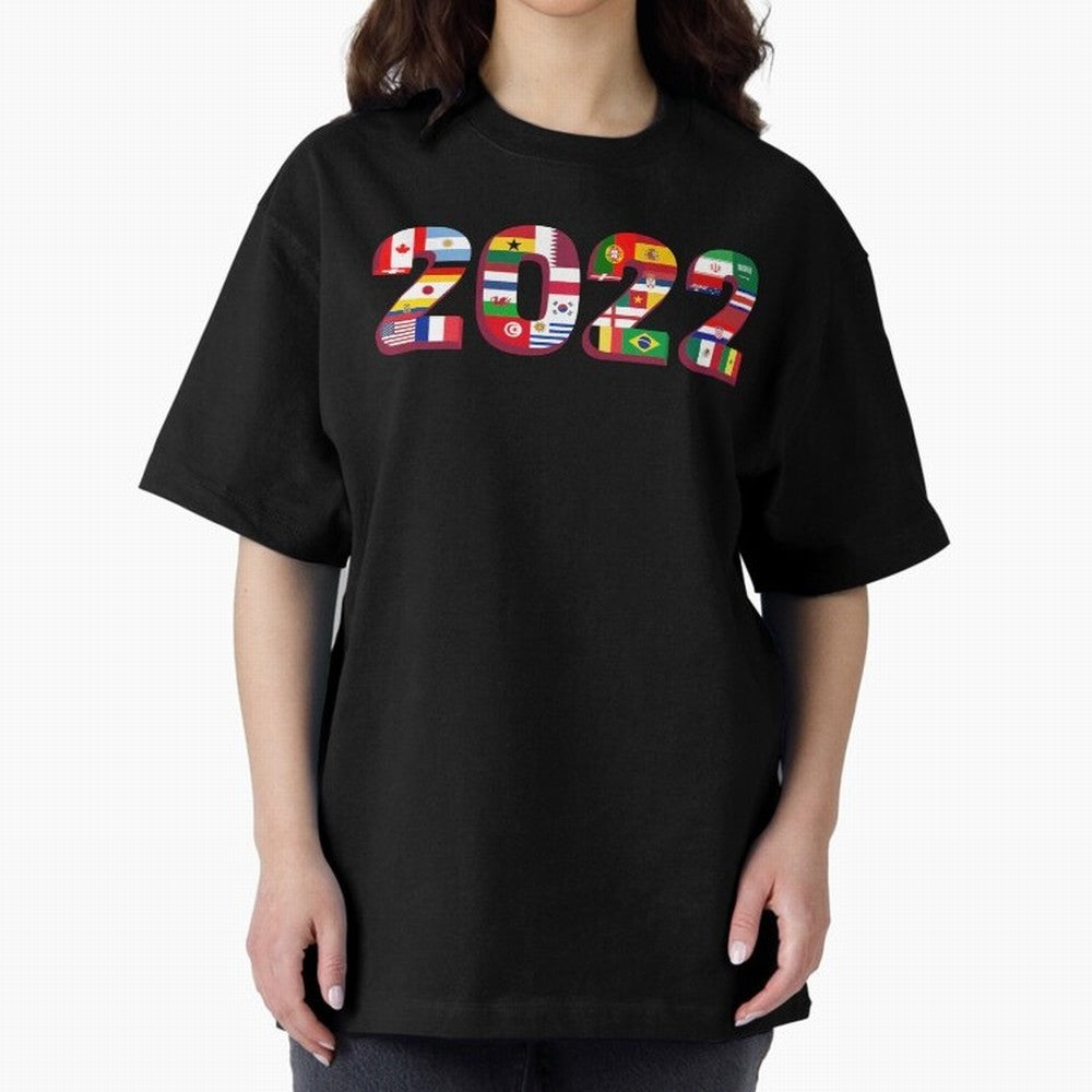 Flags of the 32 Teams that Played in Qatar in 2022 for Football Fans Oversized T-Shirt Carry FIFA World Cup 2026 Connected to Mbappe and Neymar, Portugal, Spain and Germany Energy, Sports Nostalgia, International Competition, Famous Players and