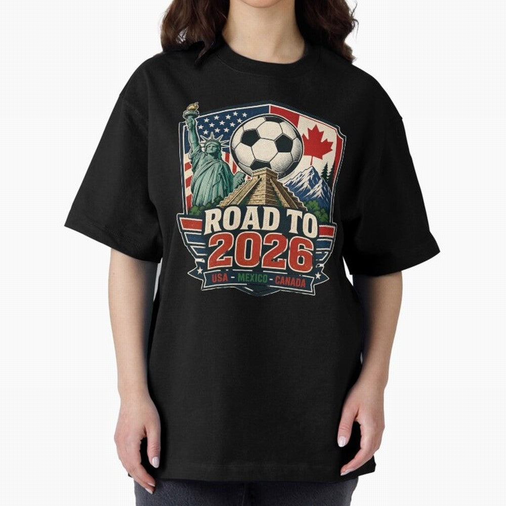 Road to 2026 USA Mexico Canada Soccer Design Oversized T-Shirt Celebrate the Stars of the FIFA World Cup 2026 Journey through Messi Highlights, Netherlands Pride, Goal Celebration Energy, Supporter Heritage, Football Icons and Worldwide Tournament