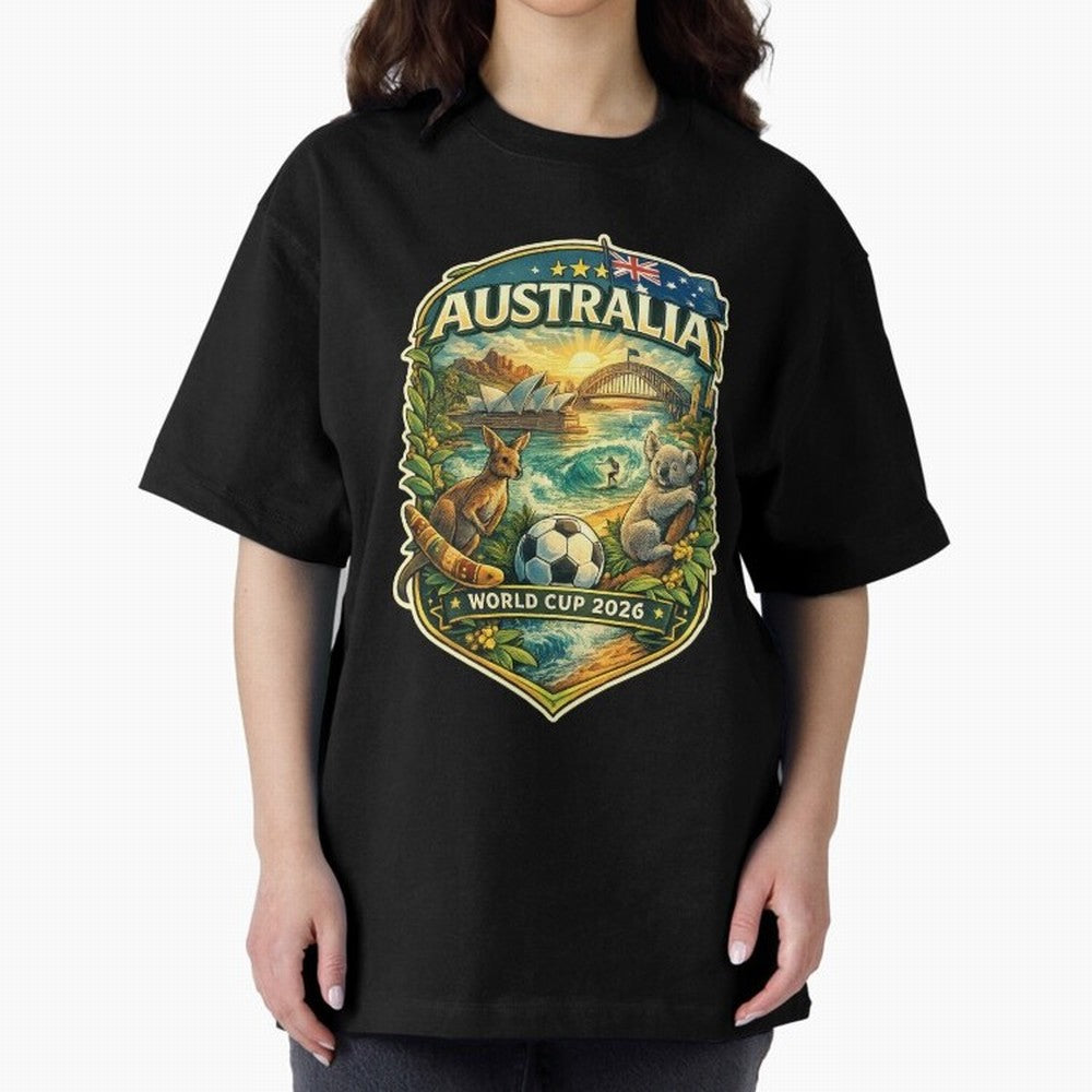 Australia FIFA World Cup 2026 Sydney Opera House Outback Kangaroo Coast Oversized T-Shirt Experience the Global Stage of FIFA World Cup 2026 Group Stage Built around Mbappe and Neymar, Argentina, France and Brazil Energy, Stadium Chants, National