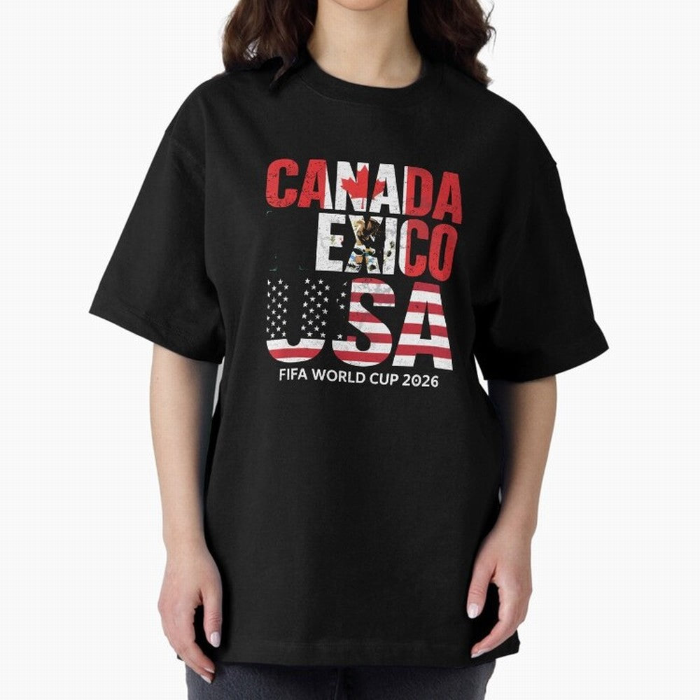 United 2026 World Cup - Canada, Mexico, USA Flags T-Shirt_83138002 Oversized T-Shirt Create FIFA World Cup 2026 Group Stage Spirit, Inspired by Portugal, Spain and Germany, Mbappe and Neymar, Sports Nostalgia, International Competition, Famous