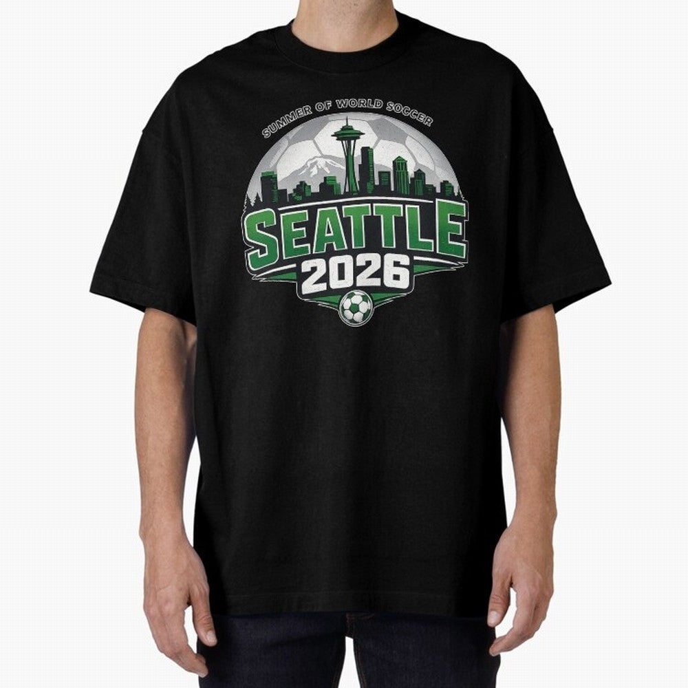 World Soccer Tournament Cup 2026 Seattle Oversized T-Shirt Stand with FIFA World Cup 2026 Spirit, Capturing England, France and Netherlands, Messi, CR7 and Mbappe, Match Day Excitement, Supporter Culture, Golden Goals and Global Football Passion;