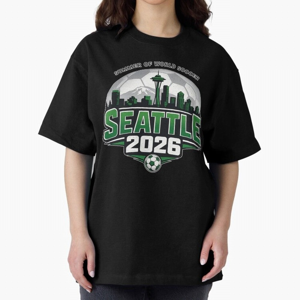 World Soccer Tournament Cup 2026 Seattle Oversized T-Shirt Stand with FIFA World Cup 2026 Spirit, Capturing England, France and Netherlands, Messi, CR7 and Mbappe, Match Day Excitement, Supporter Culture, Golden Goals and Global Football Passion;