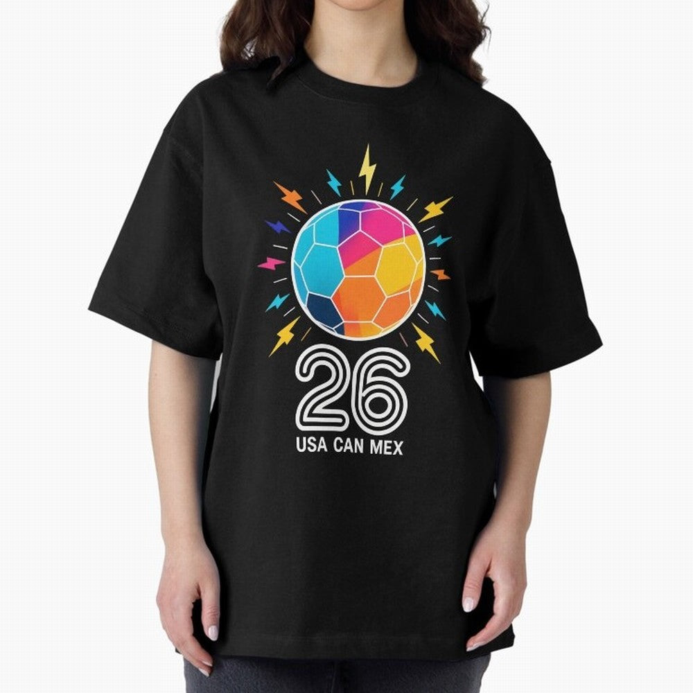 2026 Colorful Soccer Ball USA Canada Mexico 26 Oversized T-Shirt Showcase Global Football Passion for FIFA World Cup 2026, Built around Messi, Brazil, Global Supporter Spirit, Legendary Goals, National Colors and Tournament Celebration; Perfect for