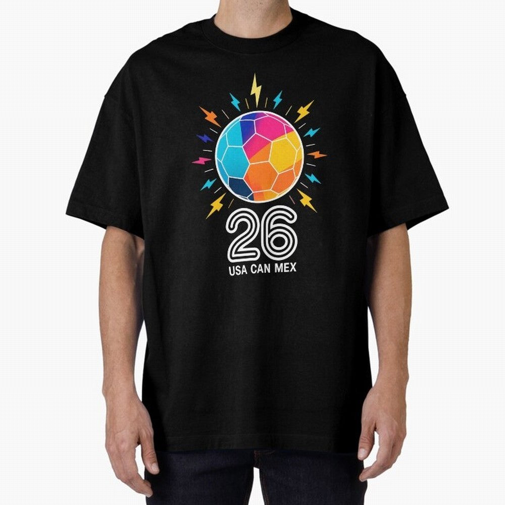 2026 Colorful Soccer Ball USA Canada Mexico 26 Oversized T-Shirt Showcase Global Football Passion for FIFA World Cup 2026, Built around Messi, Brazil, Global Supporter Spirit, Legendary Goals, National Colors and Tournament Celebration; Perfect for