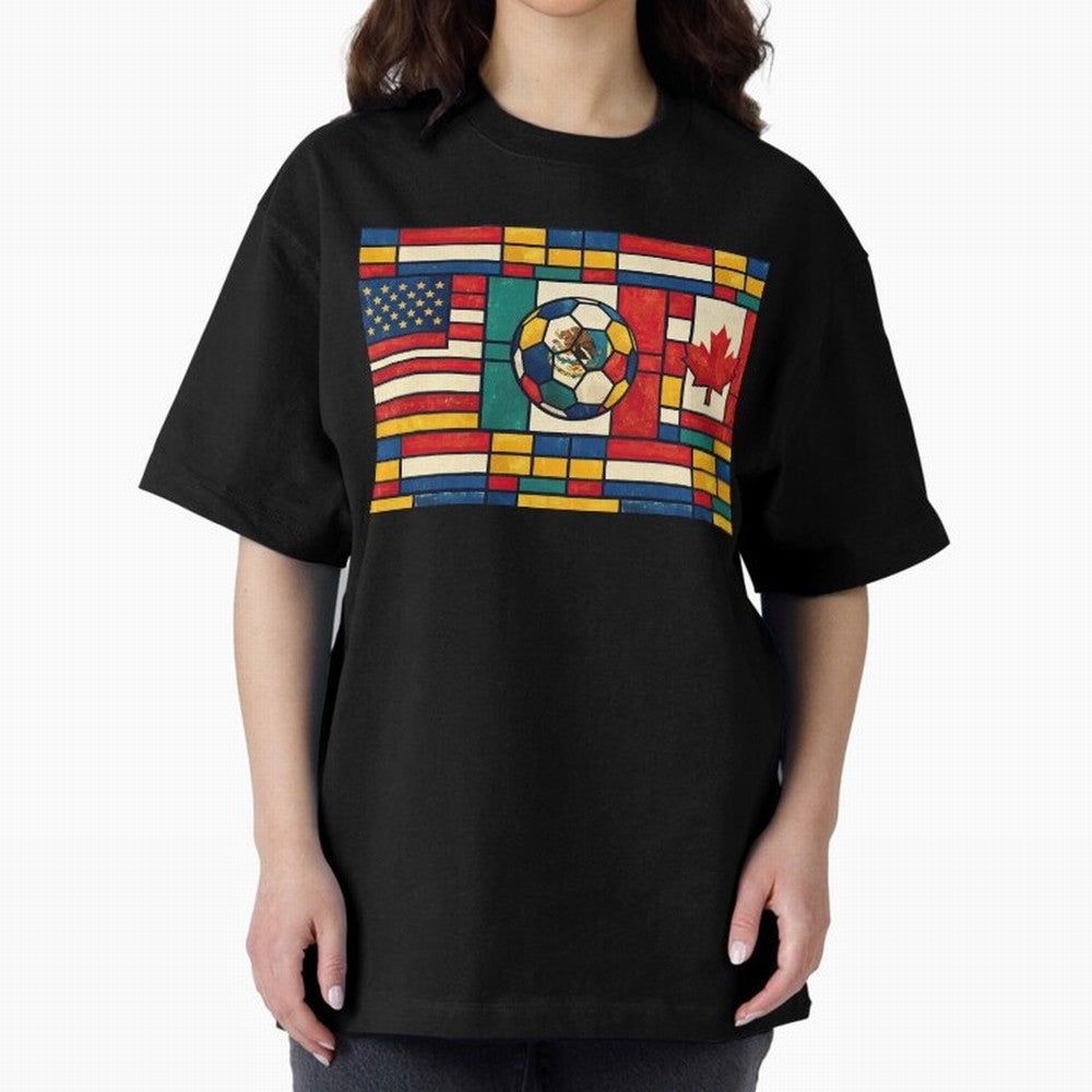 Elegant World Cup Stadiums Geometrical | Soccer Flags Mexico Canada USA Oversized T-Shirt Relive Global Football Passion for FIFA World Cup 2026 USA Canada Mexico, Centered on Neymar, Haaland and Cristiano Ronaldo, Argentina, France and Brazil,