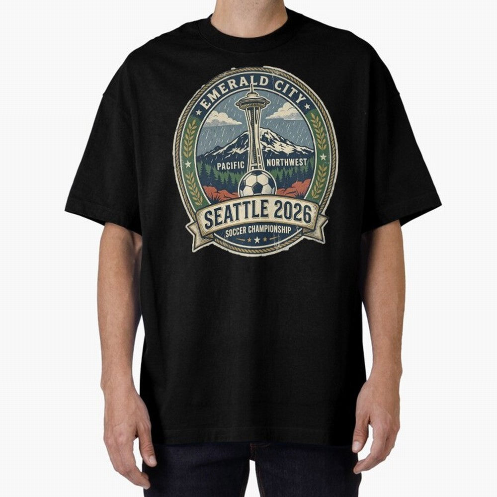 Seattle 2026 World Cup Host City Vintage Football Badge ¡ª Emerald City Space Needle Soccer Oversized T-Shirt Follow the FIFA World Cup 2026 Journey through Cristiano Ronaldo, Haaland and CR7 Highlights, Portugal, Spain and Germany Pride, Football