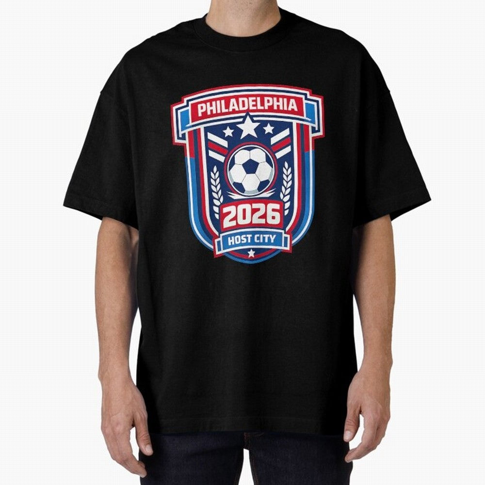 Philadelphia 2026 Soccer Host City Welcoming the World Cup Oversized T-Shirt Stand with Global Football Passion for FIFA World Cup 2026, Featuring Haaland, Spain and Netherlands, Sports Nostalgia, International Competition, Famous Players and